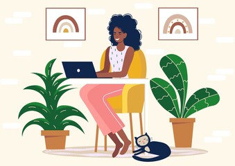 Telecommuting, indoor remote work. Home office. Distance learning. A businesswoman freelancer sitting in a chair and works. Teleworking concept