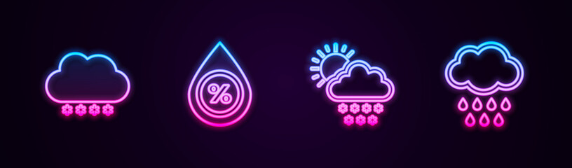 Set line Cloud with snow, Water drop percentage, and sun and rain. Glowing neon icon. Vector.