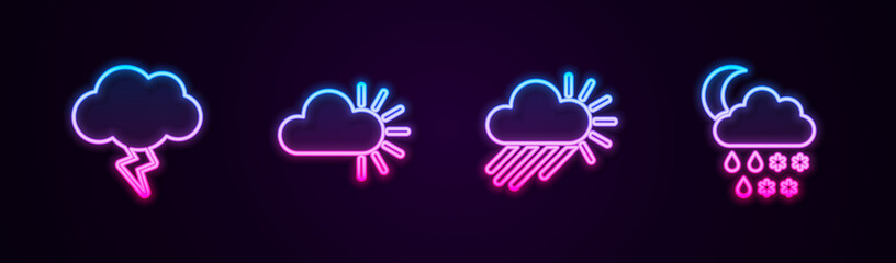 Set line Storm, Cloudy, with rain and sun and snow, rain, moon. Glowing neon icon. Vector.