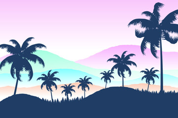 Fototapeta na wymiar Beautiful silhouettes of palm trees and mountains