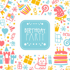Birthday Party Banner Template, Kids Holiday Celebration Poster, Festive Background, Invitation Card Design with Cute Childish Seamless Pattern Vector Illustration