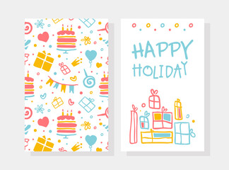 Fototapeta premium Happy Holiday Card Template, Birthday Party for Kids Decoration Banner, Poster, Festive Background, Invitation Cartoon Vector Illustration