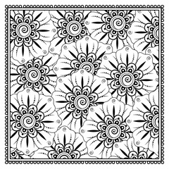 Fototapeta premium Outline square floral pattern in mehndi style for henna, mehndi, tattoo, decoration. decorative ornament in ethnic oriental style. doodle ornament. outline hand draw illustration. coloring book page.