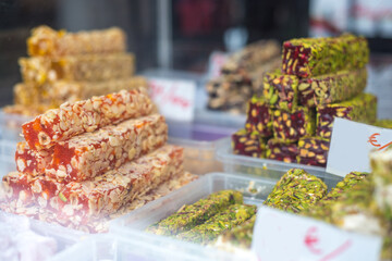 Homemade nougart sweets and sugar dusted candy on display, the farmer's market,Kotor,Montenegro.