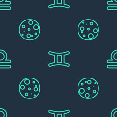 Set line Gemini zodiac, Moon and Libra on seamless pattern. Vector.