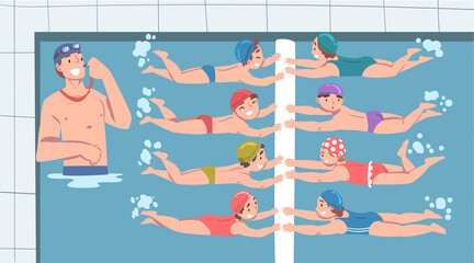 Cute Kids Learning to Swim in Pool, Man Swimming Coach with Whistle Teaching them, Healthy Lifestyle, Water Activities Concept Cartoon Vector Illustration