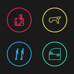 Set line Windscreen wiper, Car door, fender and Gear shifter icon. Vector.