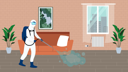 Man in protective suit disinfects living room with spray gun. Prevention against spread of disease. Premises sanitization. Sanitary inspection worker disinfecting home.