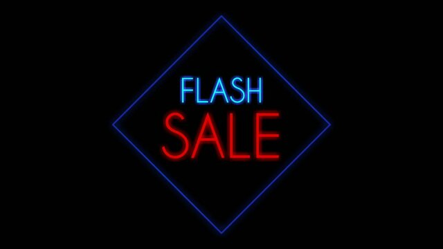Neon sign animation flash sale text on black background.Business symbol signing and glowing for shop advertisement.4k video