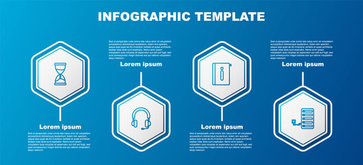 Set line Hourglass, Headphones, User manual and Server. Business infographic template. Vector.