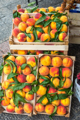 Fresh apricots displayed in wooden boxes at Kotor market,Montenegro,Eastern Europe.