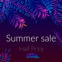 Summer sale poster, night tropic background with palm leaves
