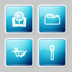 Set line Earth globe and book, Canister for machine oil, Problem pollution of the ocean and Disposable plastic spoon icon. Vector.