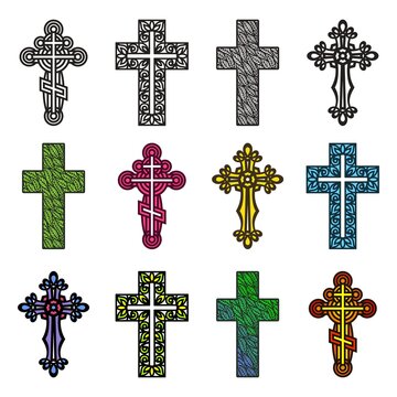 Set of decorative crosses. Openwork ornament of curls, rings, leaf patterns, plant elements. Religious theme. Easter, Christmas symbol. Multi-colored objects with a black outline on a white background