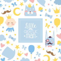Little Gentleman Banner Template, Baby Boy Shower and Birthday Party Poster, Invitation Card with Cute Childish Seamless Pattern Cartoon Vector Illustration