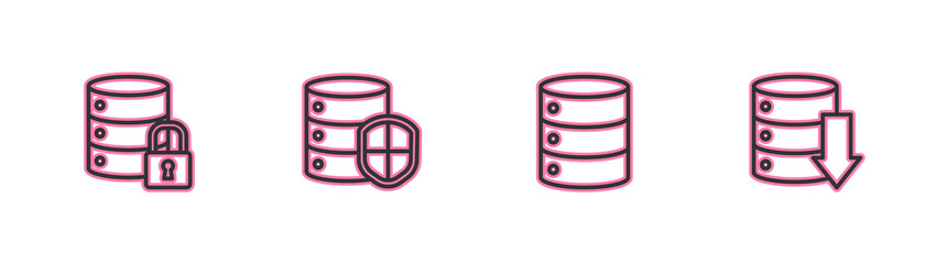Set line Server security with lock, Server, Data, Web Hosting, shield and icon. Vector.