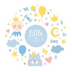 Little Prince Banner Template, Baby Boy Shower and Birthday Party Design with Cute Childish Pattern Cartoon Vector Illustration
