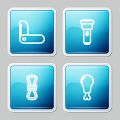 Set line Swiss army knife, Flashlight, Climber rope and Chicken leg icon. Vector.