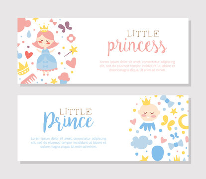 Little Prince and Princess Banner Templates Set, Baby Boy and Girl Shower or Birthday Party Poster, Invitation Card, Flyer Vector Illustration