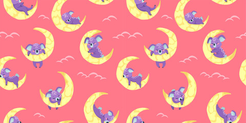 Children's design. Sleeping koala on the moon. Seamless kids pattern, texture for textile and background.