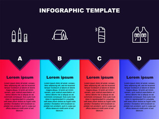 Set line Bullet and cartridge, Tourist tent, Pepper spray and Hunting jacket. Business infographic template. Vector.