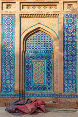 Beautiful traditional ancient blue tile ceramic decor at shrine of Jalaluddin Surkh Posh Bukhari in Uch Sharif, Bahawalpur, Punjab, Pakistan
