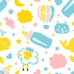 Cute Childish Seamless Pattern, Endless Repeating Print Can be Used for Background, Wallpaper, Textile, Packaging Design Vector Illustration