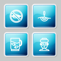 Set line Food no diet, Acupuncture therapy, Cup of tea and leaf and Facial cosmetic mask icon. Vector.