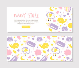Baby Store Landing Page Template, Kids Products and Accessories Website Interface with Cute Childish Seamless Pattern Vector Illustration