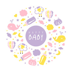 Happy Baby Banner Template, Kid Products and Accessories of Circular Shape Flyer, Brochure, Book Cover, Poster, Iinvitation, in Pastel Colors Cartoon Vector Illustration