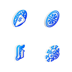 Set Isometric line Stop virus, Earth with medical mask, High human body temperature and Positive icon. Vector.