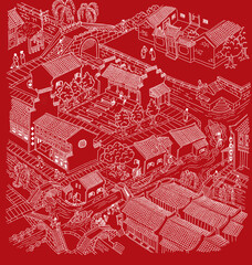 Illustration of ancient water town  of China. White outline with monotone color background.
