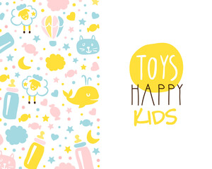 Toys Happy Kids Banner Template, Baby Products and Accessories Store Poster, Brochure, Book Cover, Card Cartoon Vector Illustration