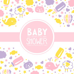 Baby Shower Invitation Card Template, Cute Baby Girl Background in Pastel Colors Cartoon Vector Illustration