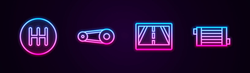 Set line Gear shifter, Timing belt kit, Gps device with map and Car radiator cooling system. Glowing neon icon. Vector.