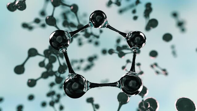 Individual atoms vibrate and combine into pentagonal molecules. The concept of creating a new structure, innovative product, medicine, material.