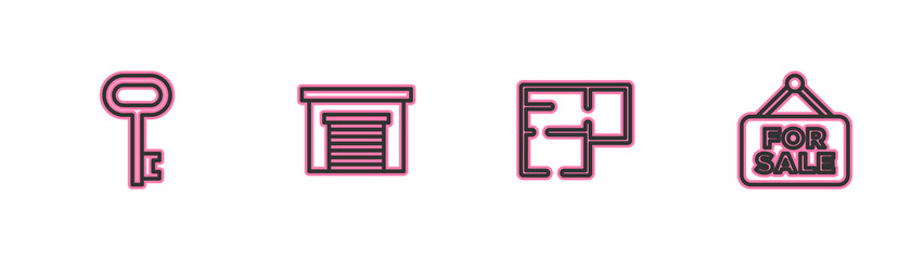 Set line House key, plan, Garage and Hanging sign with For Sale icon. Vector.