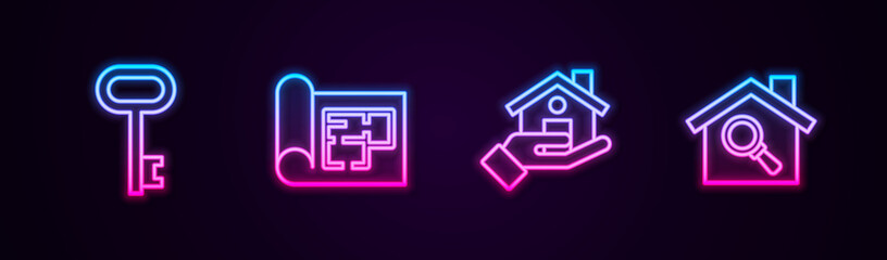 Set line House key, plan, Realtor and Search house. Glowing neon icon. Vector.