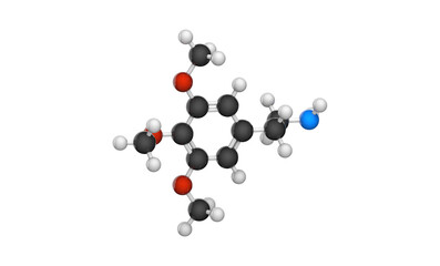 Mescaline (3,4,5-trimethoxyphenethylamine) is a naturally occurring psychedelic protoalkaloid, known for its hallucinogenic effects. Chemical structure model: Ball and Stick. 3D illustration