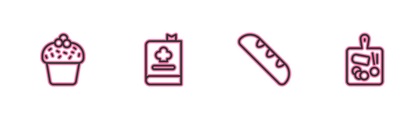 Set line Cake, French baguette bread, Cookbook and Cutting board icon. Vector.