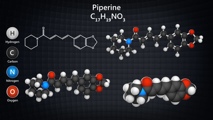 Piperineis the alkaloid responsible for the pungency of black pepper and long pepper. C17H19NO3. Chemical structure model: Ball and Stick + Balls + Space-Filling. 3D illustration. 