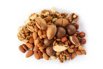 Heap of different tasty nuts isolated on white background