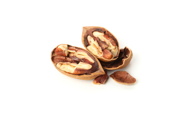 Tasty pecan nuts on white background, close up