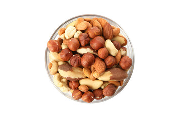 Bowl with different nuts isolated on white background