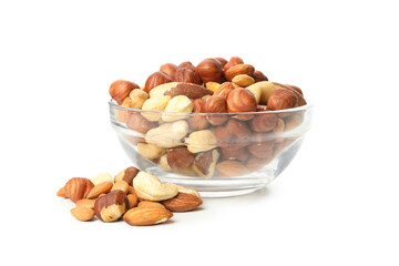 Bowl with different nuts isolated on white background