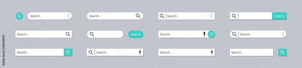 Fototapete Search bar. Button and ui of internet browse. Shape for interface of website. Forms of search bars. White and blue web element for navigation, menu on gray background. Set boxes for computer. Vector