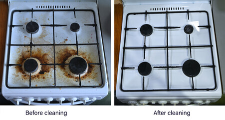 Before and after cleaning. The result of cleaning a very dirty white metal kitchen gas stove. An example of successful operation of cleaning products, advertising of cleaning products, cleaning compan