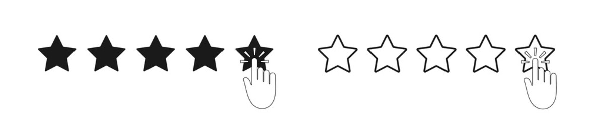 Rate with five star and finger of customer. Review, performance and feedback with 5 stars. Outline icons of satisfaction. Online service of survey and opinion customer. Positive evaluation. Vector