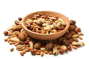 Wooden bowl with different tasty nuts on white background