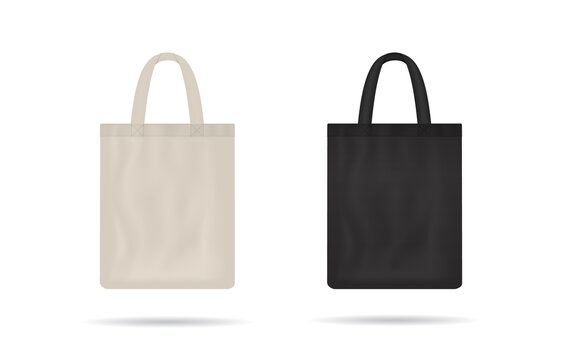 Vecteur Stock Canvas bag. mockup of fabric tote. Cloth totebag with handle.  template of black and white cotton eco bag. Reusable tote for shopping.  Blank mock for shopper. Ecobag for grocery. Vector